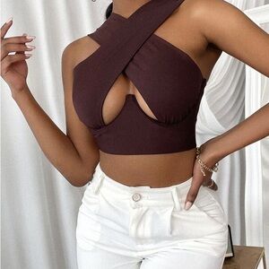 SHEIN Dark Brown Cross Halter Crop Top